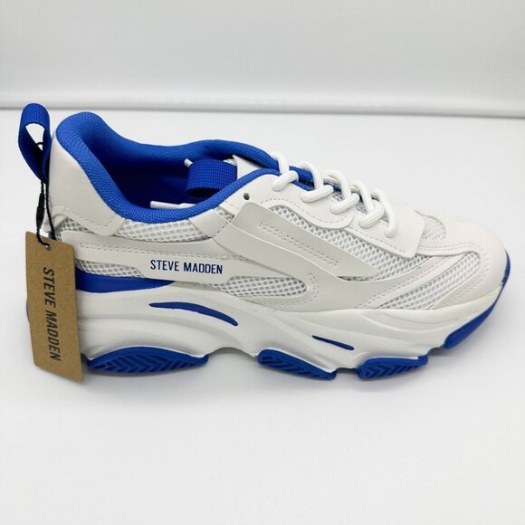 BRAND NEW IN BOX Steve Madden Women's Possession Sneaker White/Blue - Picture 1 of 7